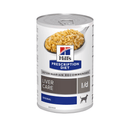 Hills Prescription dog food tin with a spoon full of food pictured on the label, text reads 'Liver Care, L/D' and 'Original' on a white background. 