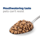 Hills Prescription Diabetes cat food on a spoon, with text above 'Mouth-watering taste pets can't resist.'