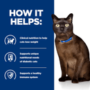 Picture of an adult black and brown cat pictured next to a blue section with white text stating 'How it helps: Clinical nutrition to help cats lose weight, Supports unique nutritional needs of diabetic cats, Supports a healthy immune system.' 