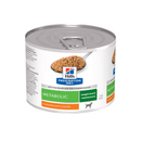 Hills Prescription dog food tin with a spoon full of food pictured on the label, text reads 'Metabolic, weight loss & maintenance' and 'Flavoured with Chicken' on a white background. 