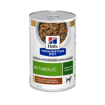 Hills Prescription dog food tin with a bowl full of food pictured on the label, text reads 'Metabolic' and 'Stew with Chicken & Added Vegetables' on a white background. 