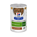 Hills Prescription dog food tin with a bowl full of food pictured on the label, text reads 'Metabolic' and 'Stew with Chicken & Added Vegetables' on a white background. 