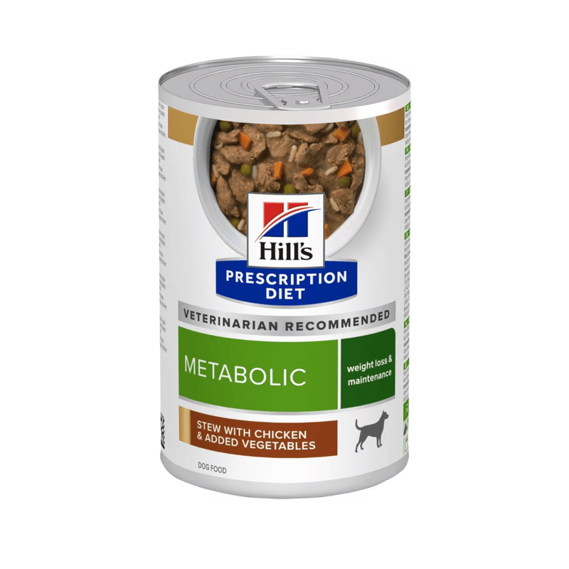 Hills Prescription dog food tin with a bowl full of food pictured on the label, text reads 'Metabolic' and 'Stew with Chicken & Added Vegetables' on a white background. 