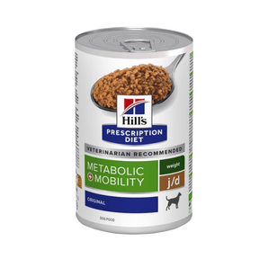 Hills Prescription dog food tin with a spoon full of food pictured on the label, text reads 'Metabolic +Mobility' and Weight, J/D' and 'original' on a white background. 