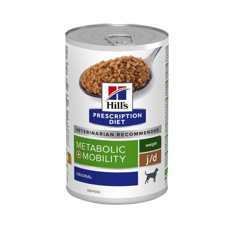 Hills Prescription dog food tin with a spoon full of food pictured on the label, text reads 'Metabolic +Mobility' and Weight, J/D' and 'original' on a white background. 