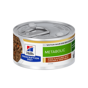 Hills Prescription cat food tin with a bowl full of food pictured on the label, text reads 'Metabolic' and 'Stew with chicken & added vegetables' on a white background. 