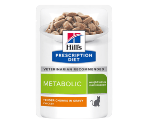 Hills Prescription cat food pouch with a bowl full of food pictured on the packet, text reads 'Metabolic, Weight loss & maintenance' and 'Tender chunks in Gravy with Chicken' on a white background.
