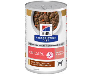 Hills Prescription dog food tin with a bowl full of food pictured on the label, text reads 'On-Care. nourish & support' and 'Stew with chicken & added vegetables' on a white background. 