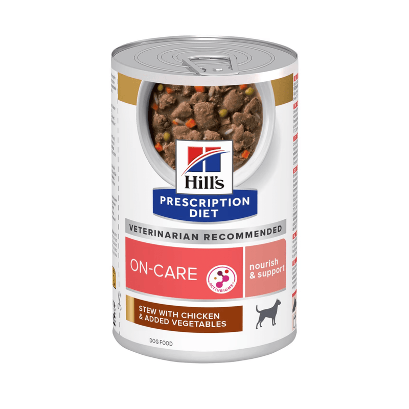 Hills Prescription dog food tin with a bowl full of food pictured on the label, text reads 'On-Care. nourish & support' and 'Stew with chicken & added vegetables' on a white background. 