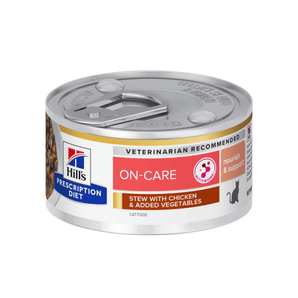 Hills Prescription cat food tin with a bowl full of food pictured on the label, text reads 'On-Care' and 'Stew with chicken & added vegetables' on a white background. 