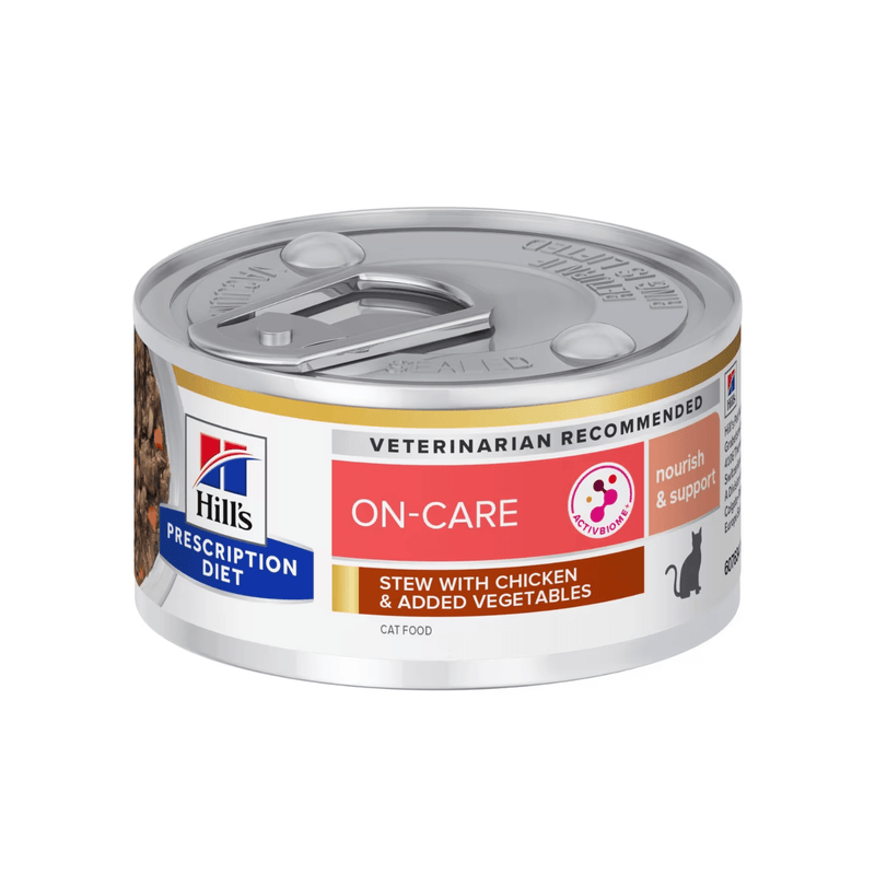 Hills Prescription cat food tin with a bowl full of food pictured on the label, text reads 'On-Care' and 'Stew with chicken & added vegetables' on a white background. 