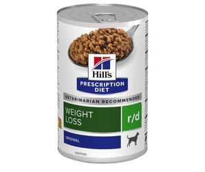 Hills Prescription dog food tin with a spoon full of food pictured on the label, text reads 'Weight Loss' and 'R/D' and 'Original' on a white background. 