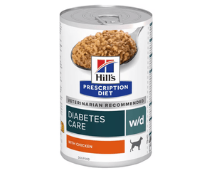 Hills Prescription dog food tin with a spoon full of food pictured on the label, text reads 'Diabetes Care, W/D' and 'with Chicken' on a white background. 