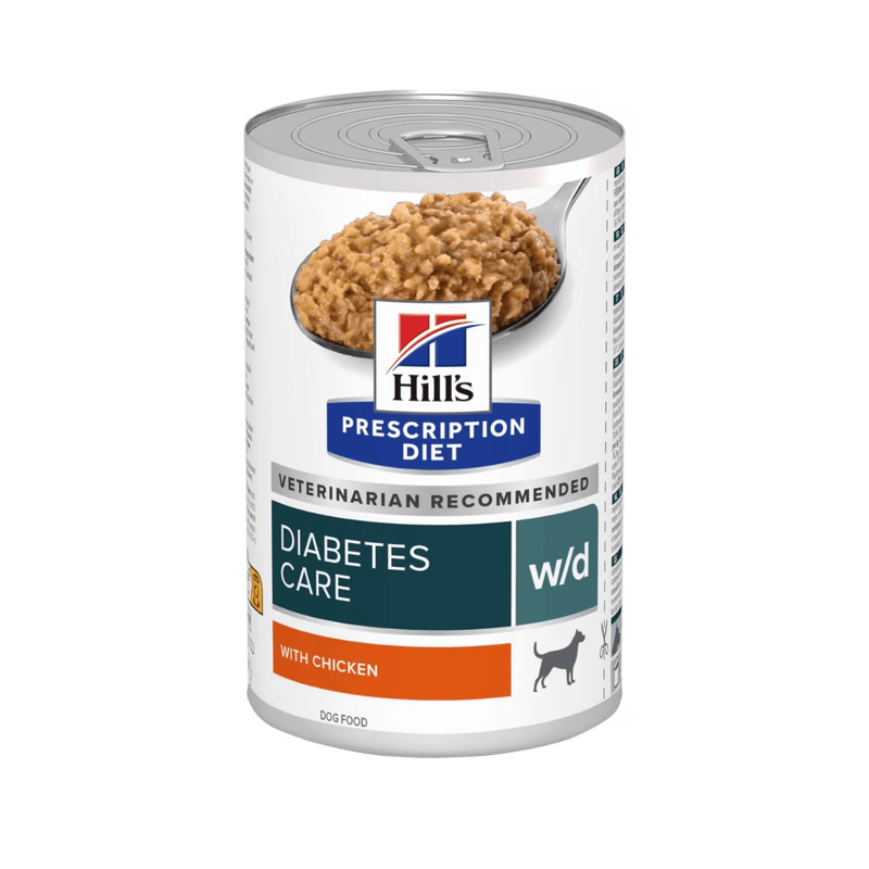 Hills Prescription dog food tin with a spoon full of food pictured on the label, text reads 'Diabetes Care, W/D' and 'with Chicken' on a white background. 