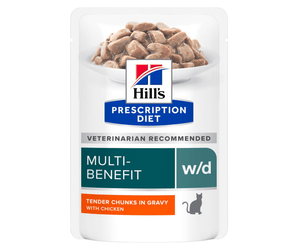 Hills Prescription cat food pouch with a bowl full of food pictured on the label, text reads 'Multi-Benefit, W/D' and 'Tender chucks in gravy with chicken' on a white background. 