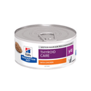 Hills Prescription cat food tin with a bowl full of food pictured on the label, text reads 'Thyroid Care, Y/D' and 'with chicken' on a white background. 