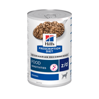 Hills Prescription dog food tin with a spoon full of food pictured on the label, text reads 'Food Sensitivities Z/D' and 'Original' on a white background. 