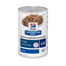 Hills Prescription dog food tin with a spoon full of food pictured on the label, text reads 'Food Sensitivities Z/D' and 'Original' on a white background. 