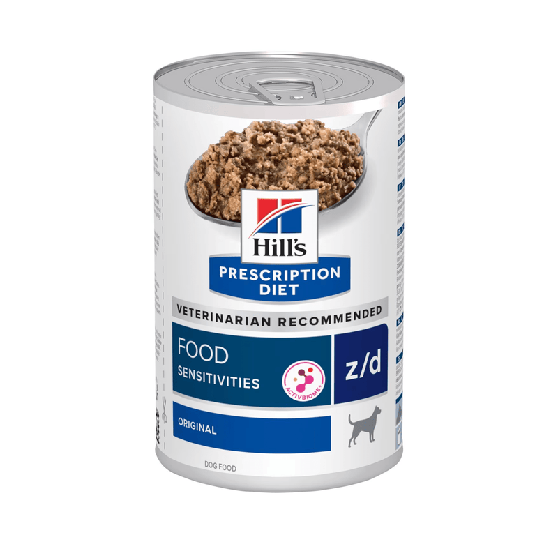 Hills Prescription dog food tin with a spoon full of food pictured on the label, text reads 'Food Sensitivities Z/D' and 'Original' on a white background. 