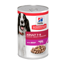 Hills Science Plan dog tin with a black and white spaniel-type dog on the label, text reads 'Adult 1-6' and a picture of a Cow with text 'with Beef' on a white background. 