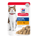 Wet cat food pouch with a brown and white tabby cat pictured on the packet, text on pouch says 'Mature Adult 7+' and 'with Chicken' below is a picture of the wet food. 