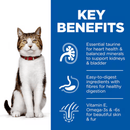 Picture of an adult tabby and white cat pictured next to a blue section with white text stating 'Key Benefits, Essential taurine for heart health & balanced minerals to support kidneys & bladder, Easy-to-digest with fibres for healthy digestion, Vitamin E, Omega-3s & Omega-6s for beautiful skin & fur'.  