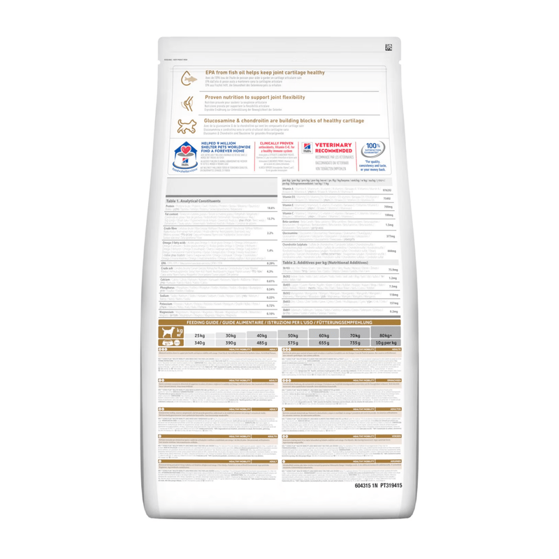 Back view of bag of Hills Science Plan dry dog food packaged in a white bag on white background.