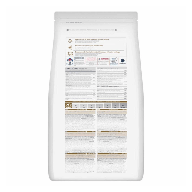 Back view of bag of Hills Science Plan dry dog food packaged in a white bag on white background.
