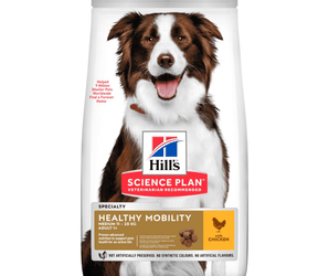 Hills Science Plan dry dog food packaged in a white bag with a brown and white adult collie dog pictured on the bag. Text on bag say 'Hill's Science Plan, veterinarian recommended' and 'Healthy Mobility, Medium, Adult 1+' with a chicken pictured with text 'with chicken' beneath on white background. 