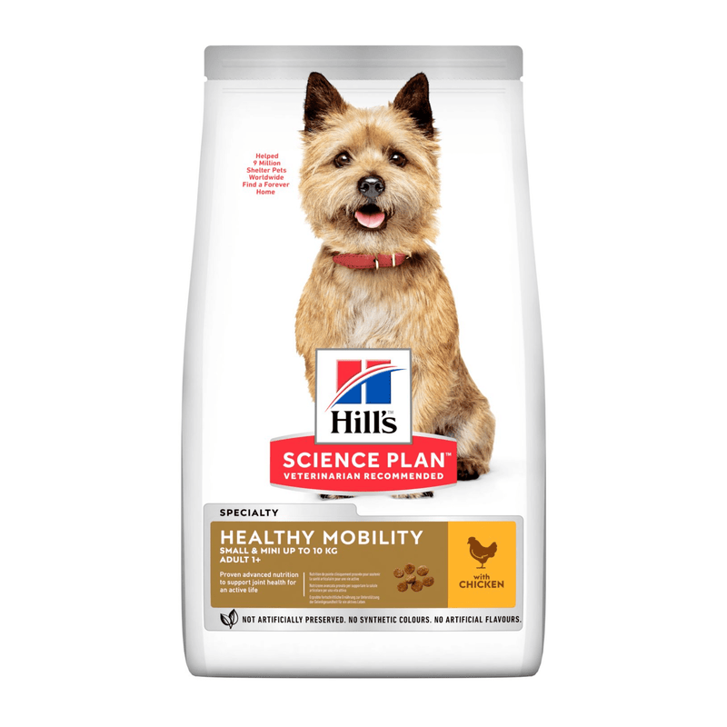 Hills Science Plan dry dog food packaged in a white bag with a brown adult terrier dog pictured on the bag. Text on bag say 'Hill's Science Plan, veterinarian recommended' and 'Healthy Mobility, Small & Mini, Adult 1+' with a chicken pictured with text 'with chicken' beneath on white background. 