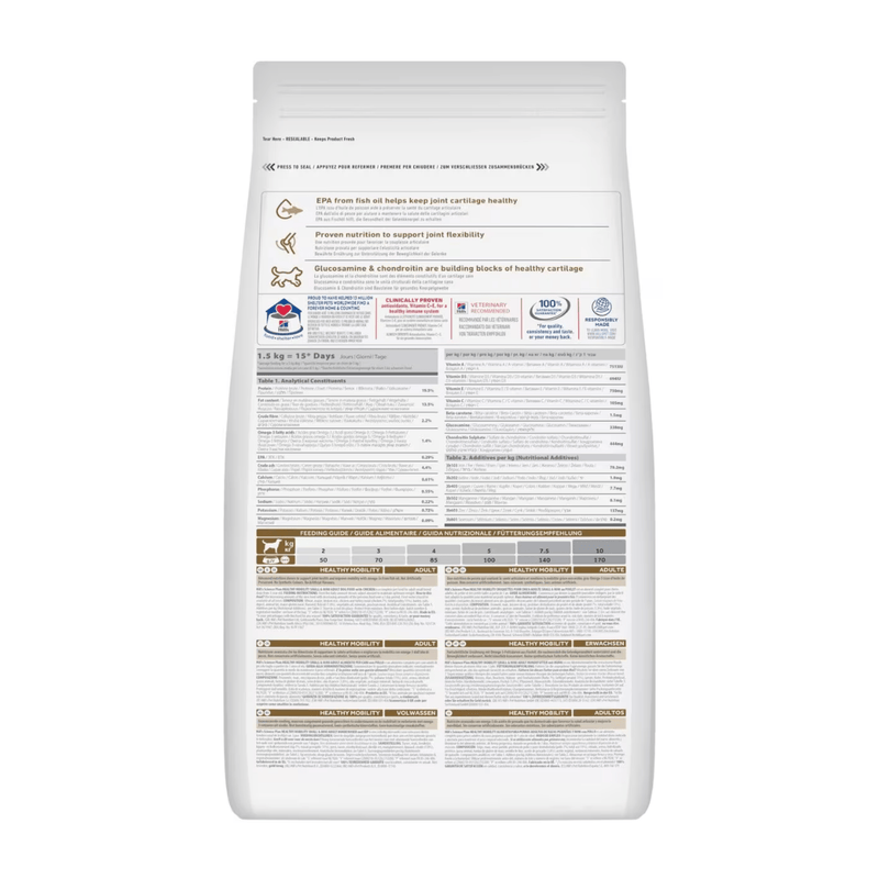Back view of bag of Hills Science Plan dry dog food packaged in a white bag on white background.