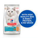Hills Science Plan dry cat food packaged in a white bag with a white adult cat pictured on the bag. Text on bag say 'Hill's Science Plan, veterinarian recommended' and 'Hypoallergenic, Adult 1-6' with a egg and grub pictured with text 'with Egg & Insect Protein' beneath on white background. Large blue circle pictured over the side of the bag with white text saying 'With high quality egg & insect protein, & no grain'. 