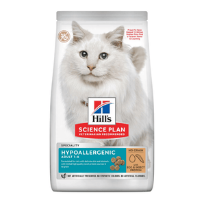 Hills Science Plan dry cat food packaged in a white bag with a white adult cat pictured on the bag. Text on bag say 'Hill's Science Plan, veterinarian recommended' and 'Hypoallergenic, Adult 1-6' with a egg and grub pictured with text 'with Egg & Insect Protein' beneath on white background. 