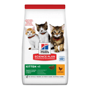 Hills Science Plan dry cat food packaged in a white bag with three kittens pictured on the bag. Text on bag says 'Hill's Science Plan, veterinarian recommended' and 'Kitten <1' with a chicken pictured with text 'chicken' beneath on white background. 