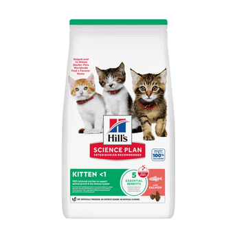 Hills Science Plan dry cat food packaged in a white bag with three kittens pictured on the bag. Text on bag says 'Hill's Science Plan, veterinarian recommended' and 'Kitten <1' with a fish pictured with text 'salmon' beneath on white background. 