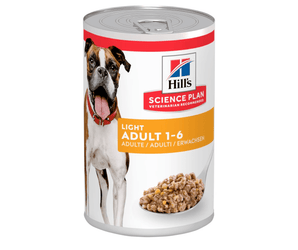 Hills Science Plan dog tin with a brown and white boxer dog on the label, text reads 'Light Adult 1-6' on a white background. 