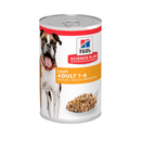 Hills Science Plan dog tin with a brown and white boxer dog on the label, text reads 'Light Adult 1-6' on a white background. 