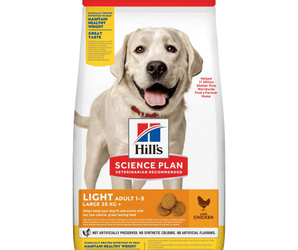 Hills Science Plan dry dog food packaged in a white bag with an adult yellow Labrador dog pictured on the bag. Text on bag say 'Hill's Science Plan, veterinarian recommended' and 'Light, Large, Adult 1-6' with a chicken pictured with text 'with chicken' beneath on white background. 