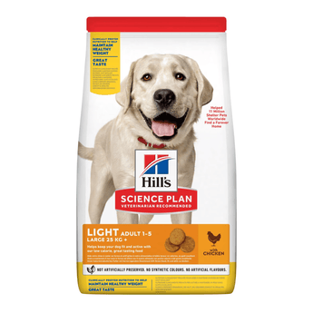 Hills Science Plan dry dog food packaged in a white bag with an adult yellow Labrador dog pictured on the bag. Text on bag say 'Hill's Science Plan, veterinarian recommended' and 'Light, Large, Adult 1-6' with a chicken pictured with text 'with chicken' beneath on white background. 
