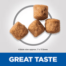 Four dog kibbles pictured in a circle with text below 'Kibble size approx. 7x17.5mm' and a blue banner with white text 'Great Taste'. 