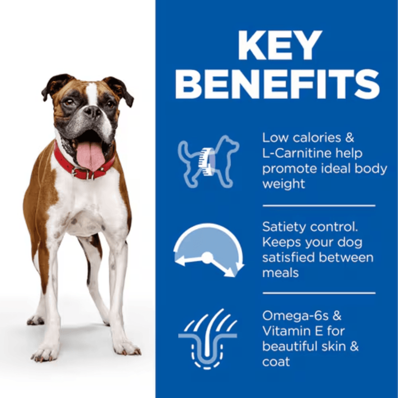 Picture of an adult brown and white boxer dog pictured next to a blue section with white text stating 'Key Benefits, Low calories & L-Carnitine help promote ideal body weight, Satiety control. Keeps your dog satisfied between meals, Omega-6s & Vitamin E blend for beautiful skin & coat'. 