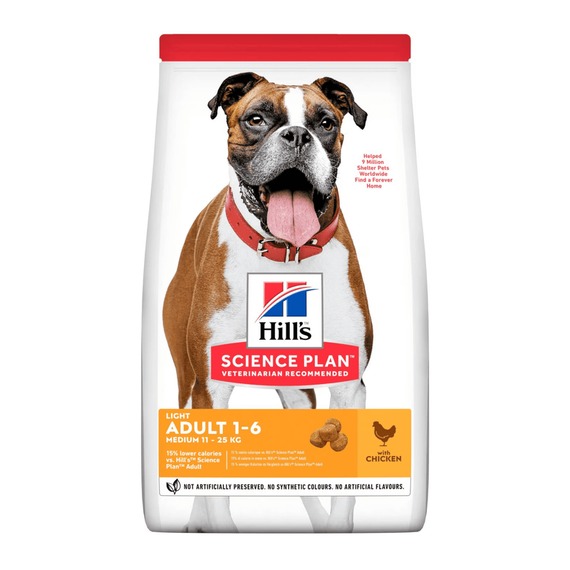 Hills Science Plan dry dog food packaged in a white bag with a brown and white adult boxer dog pictured on the bag. Text on bag say 'Hill's Science Plan, veterinarian recommended' and 'Light, Medium, Adult 1-6' with a chicken pictured with text 'with chicken' beneath on white background. 