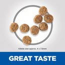 Eight dog kibbles pictured in a circle with text below 'Kibble size approx. 4x7.5mm' and a blue banner with white text 'Great Taste'. 