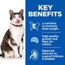 Picture of an adult tabby and white cat pictured next to a blue section with white text stating 'Key Benefits, L-carnitine to promote ideal weight, High-quality protein and fibre for satiety, Balanced minerals to support kidneys & bladder'. 