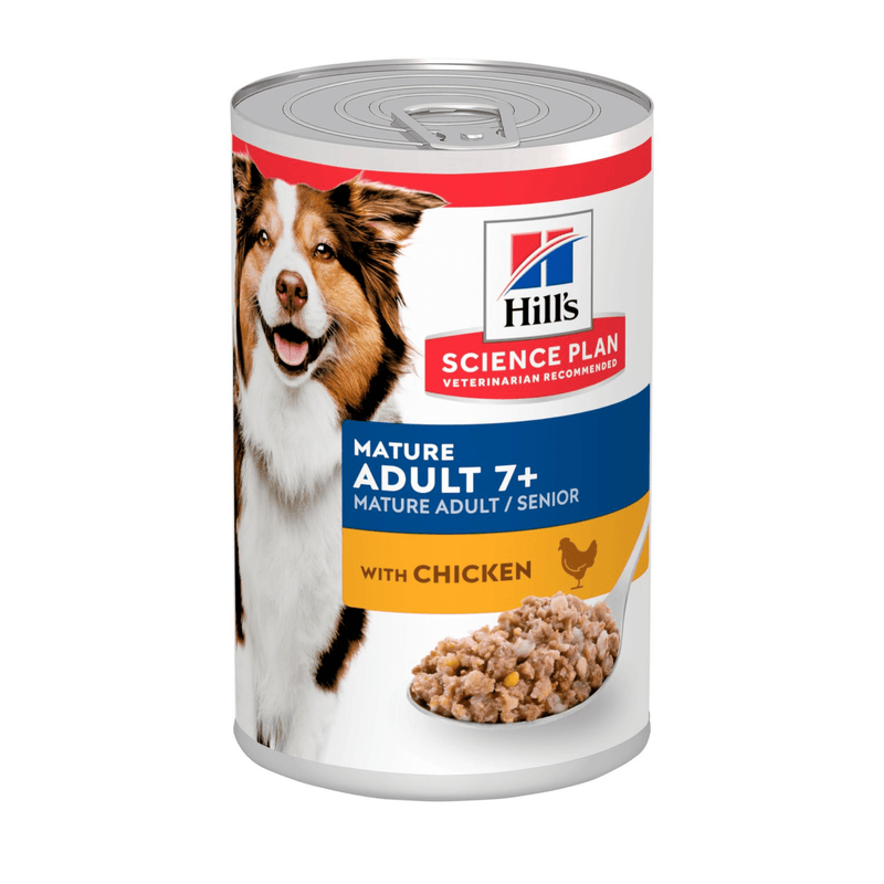 Hills Science Plan dog tin with a brown and white collie-type dog on the label, text reads 'Mature Adult 7+' and a picture of a Chicken with text 'with Chicken' on a white background. 