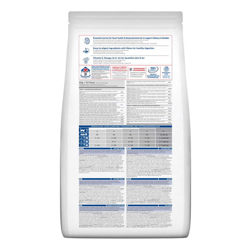 Back view of bag of Hills Science Plan cat dry food packaged in a white bag on white background.