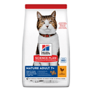 Hills Science Plan cat dry food packaged in a white bag with an adult tabby and white cat pictured on the bag. Text on bag say 'Hill's Science Plan, veterinarian recommended' and 'Mature Adult 7+' with a chicken pictured with text 'with chicken' beneath on white background. 