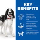 Picture of an adult black and white spaniel dog pictured next to a blue section with white text stating 'Key Benefits, Omega-6s & Vitamin E for beautiful skin & coat, Easy-to-digest ingredients and fibres for healthy digestion, High-Quality protein for lean muscles'.
