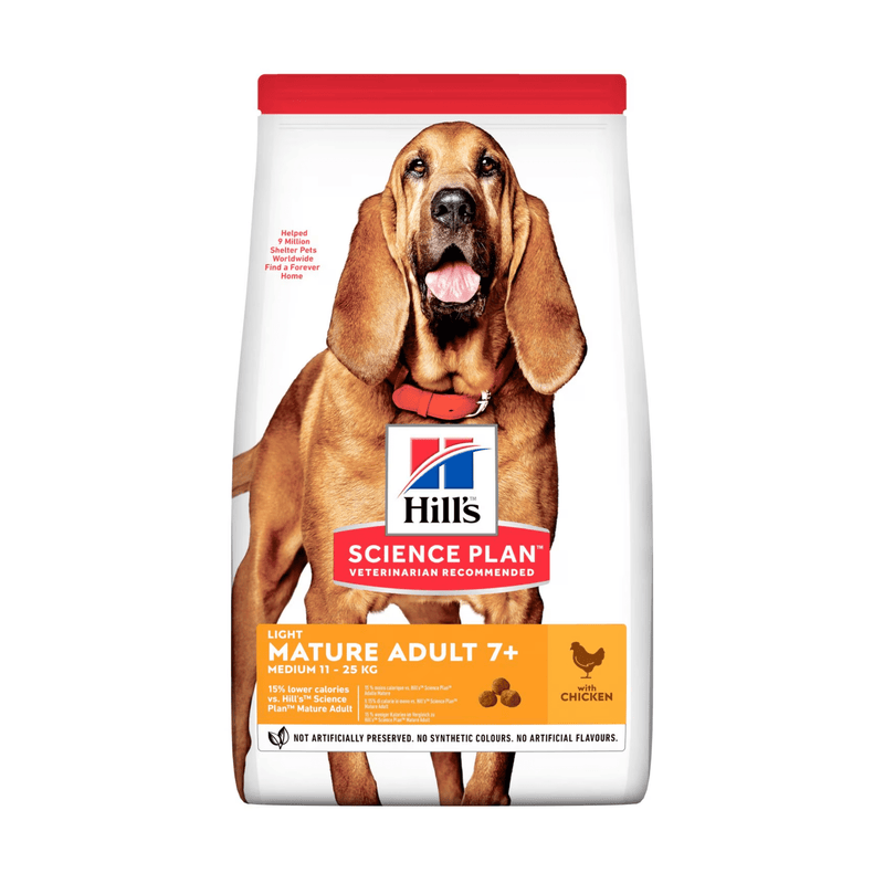 Hills Science Plan dog dry food packaged in a white bag with an adult blood hound pictured on the bag. Text on bag say 'Hill's Science Plan, veterinarian recommended' and 'Light Mature Adult 7+' with a chicken pictured with text 'with chicken' beneath on white background. 