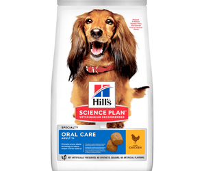 Hills Science Plan dry dog food packaged in a white bag with a brown Dachshund dog pictured on the bag. Text on bag say 'Hill's Science Plan, veterinarian recommended' and 'Oral, Adult 1+' with a chicken pictured with text 'with chicken' beneath on white background. 